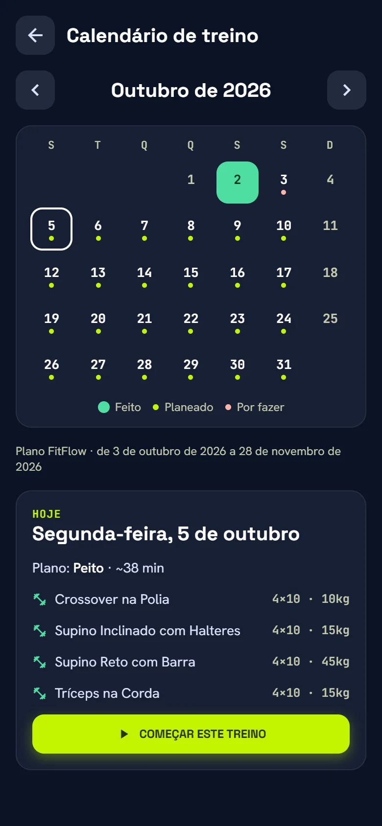 Calendário de treino do mês, com os dias feitos, planeados e por fazer, e o treino do dia escolhido