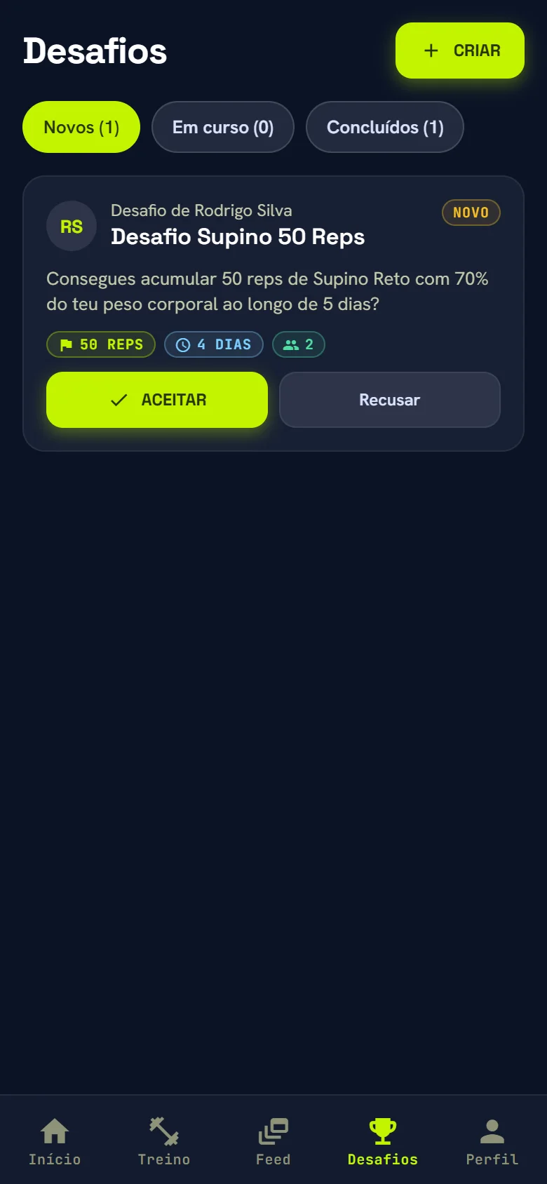Ecrã de desafios com um desafio novo de supino para aceitar
