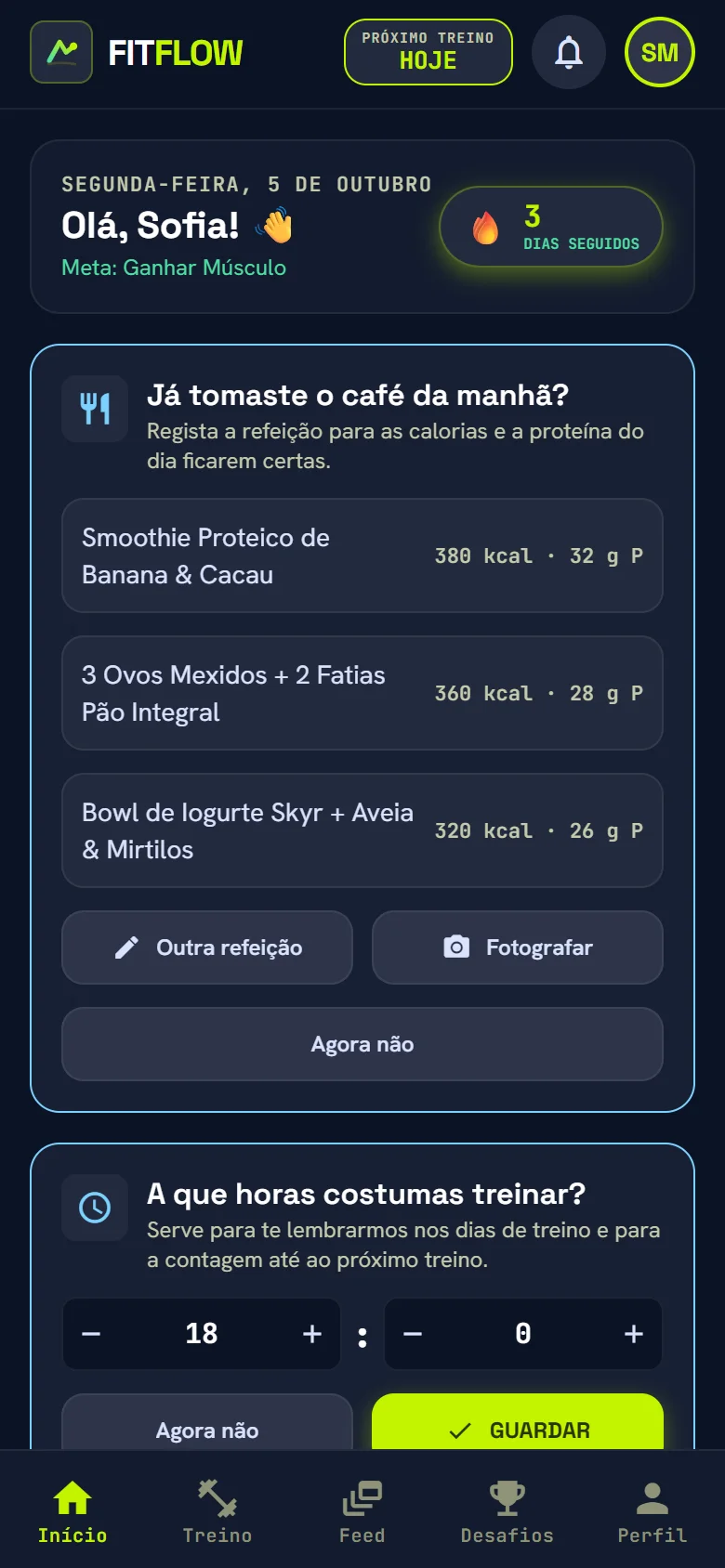 Ecrã inicial da FitFlow com a saudação, a sequência de dias de treino e as perguntas do dia