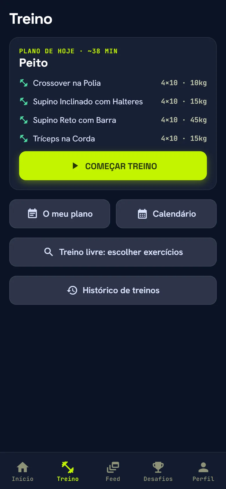 Ecrã de treino com o plano de hoje: quatro exercícios de peito, com séries, repetições e cargas